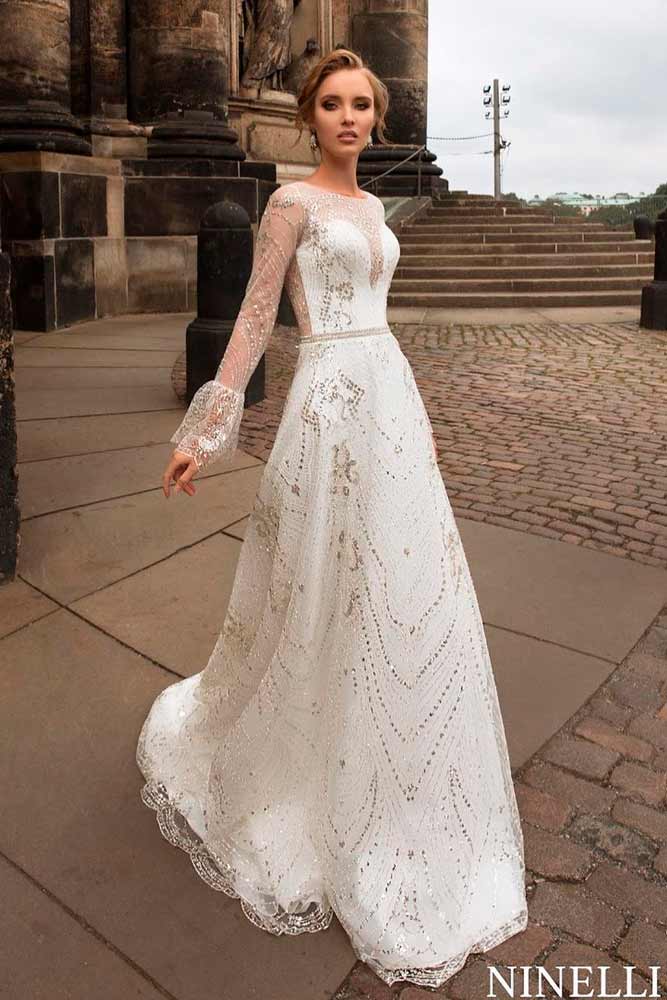 Bell Sleeve A-line Wedding Dress #bellsleeves #weddingdress