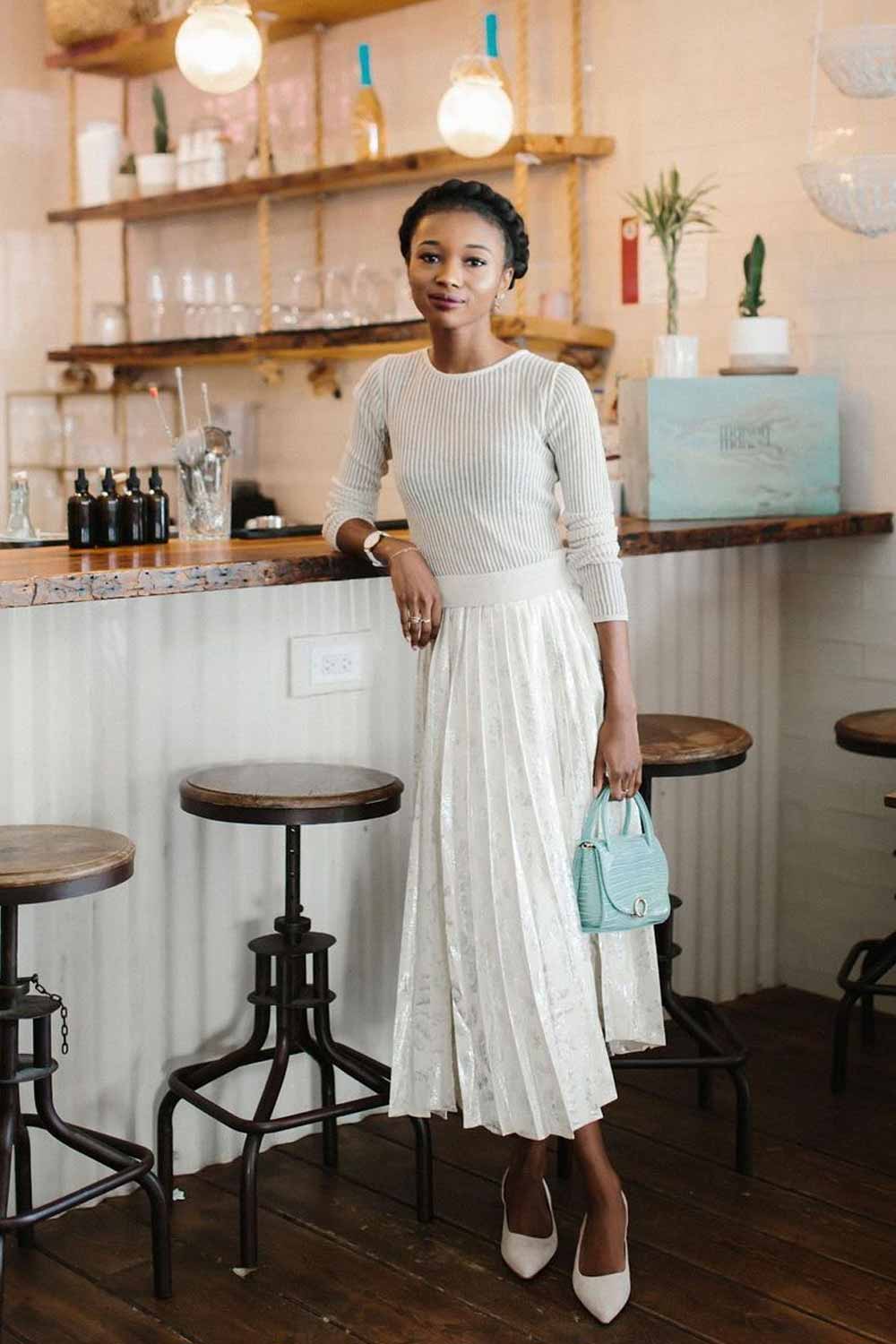 All White Outfits with Midi Skirt