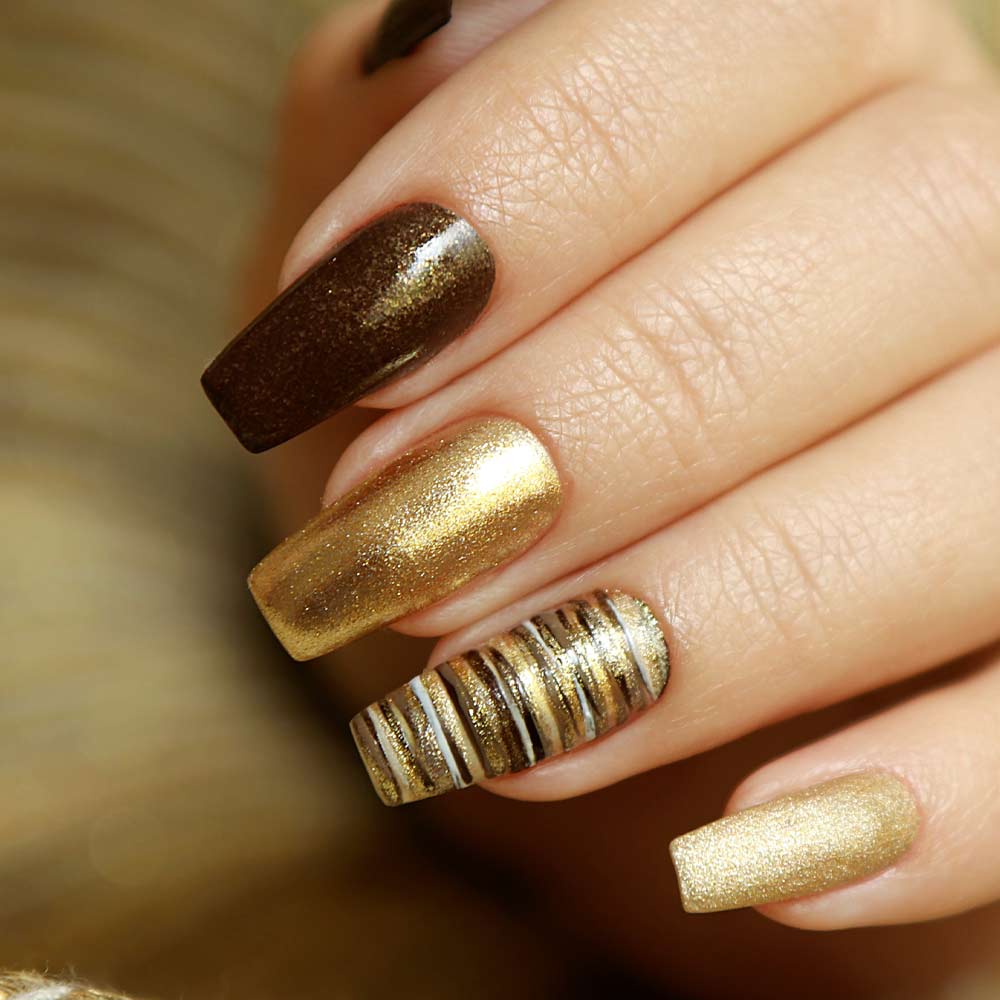 Brown Nails with Gold Glitter Accent