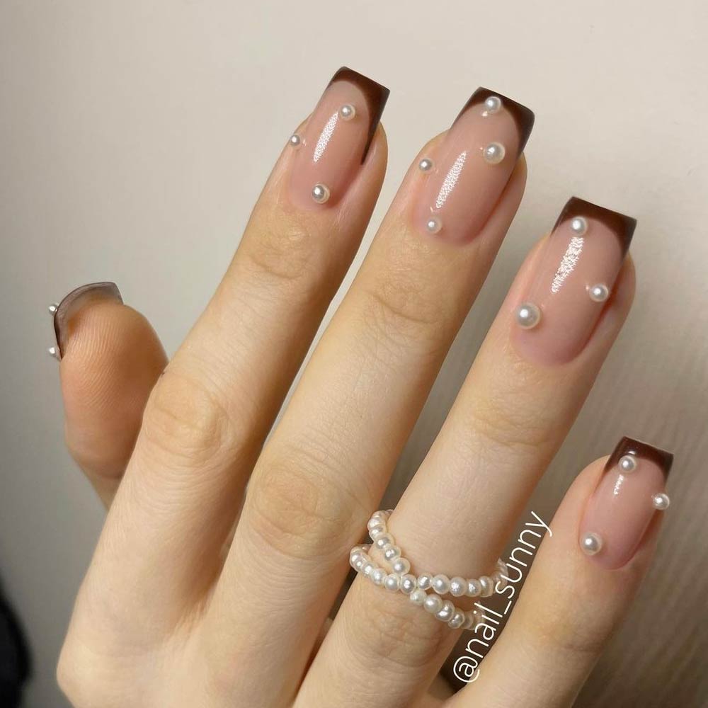 French Brown Nails with Pearls