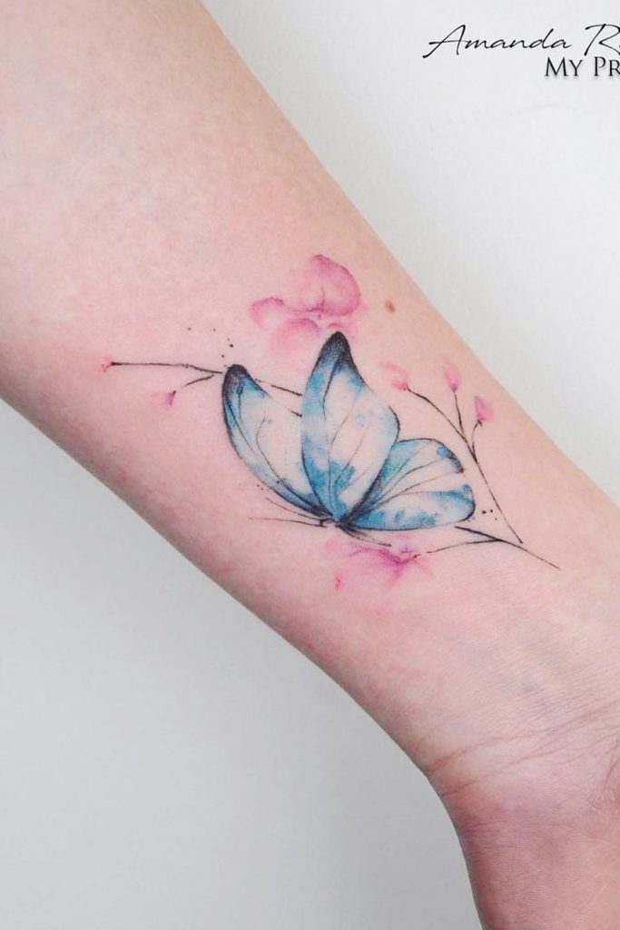 Blue Butterfly with a Branch Tattoo