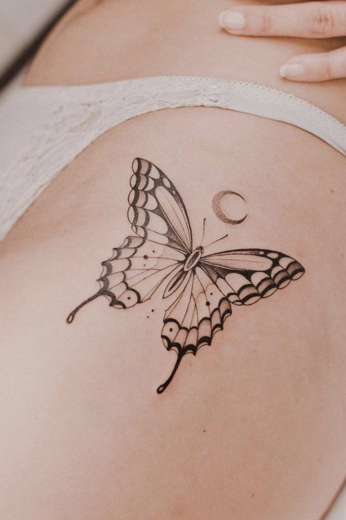 Side Leg Black and White Butterfly Tattoo