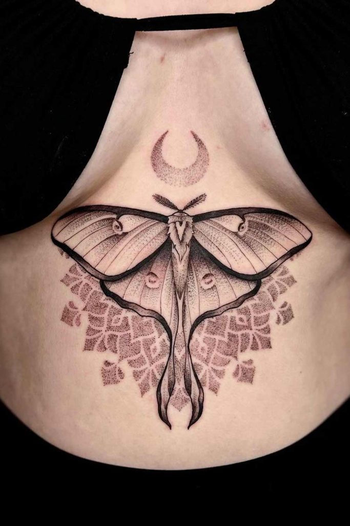 Black Ink Geometric Moth With Half Moon Tattoo Design By Amber Jane