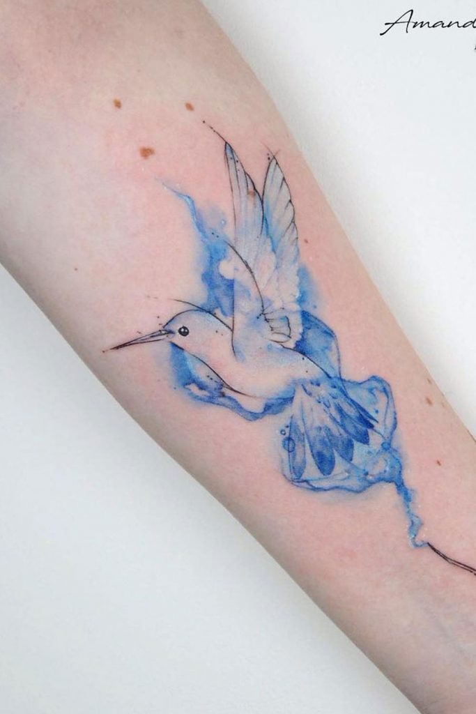 Watercolor Blue Bird Forearm Tattoo