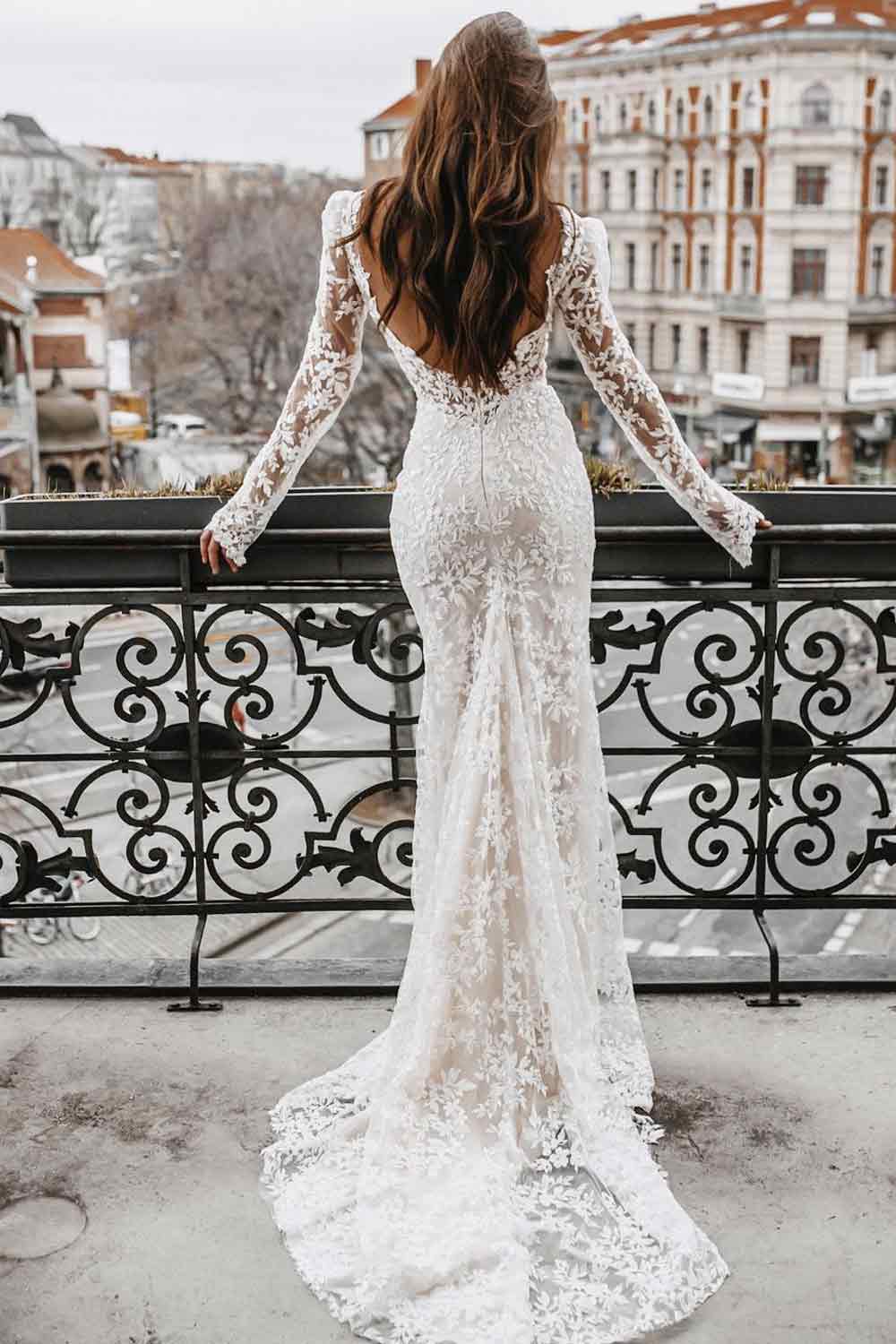 Long Sleeve Wedding Dress with a Long Back