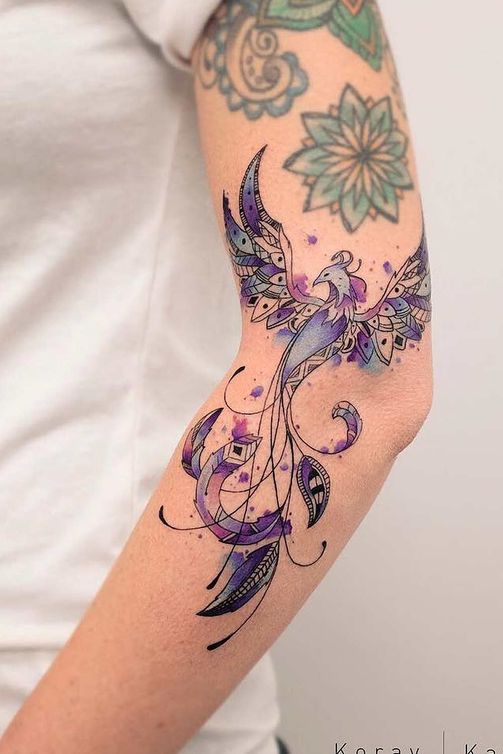 Watercolor Arm Phoenix Tattoo with Galaxy Colors