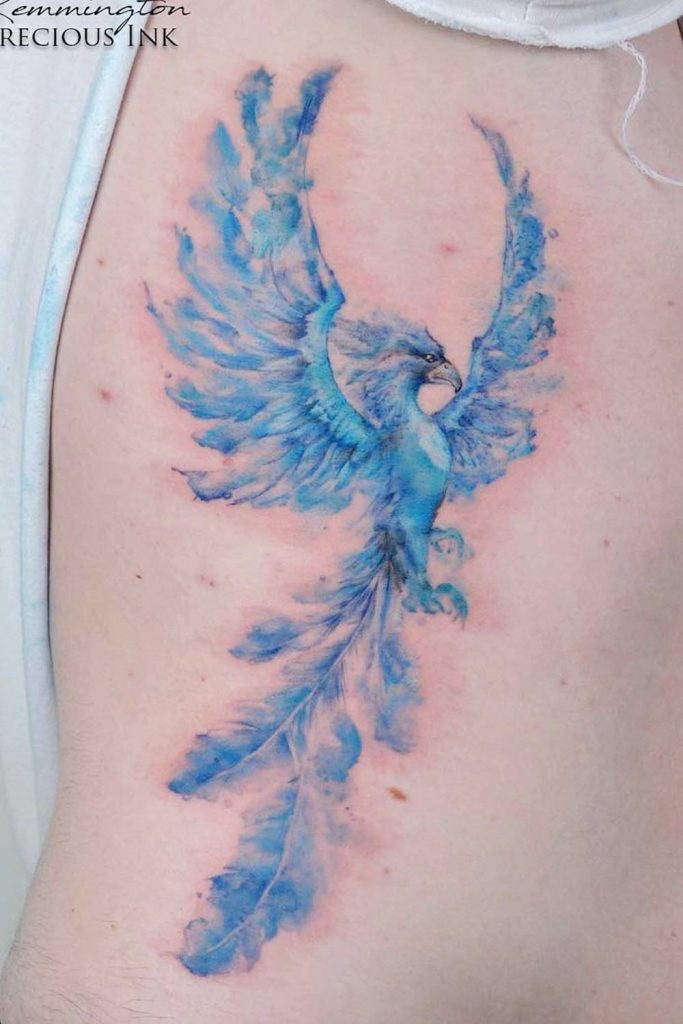 Blue Colored Watercolor Phoenix Tattoo