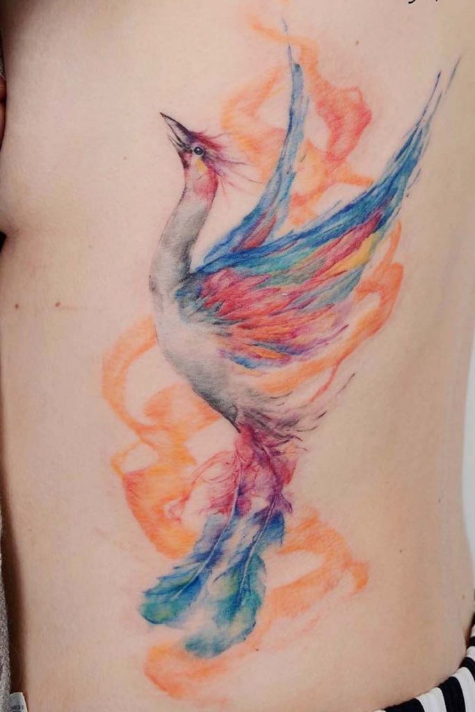 Watercolor Side Body Phoenix Tattoo
