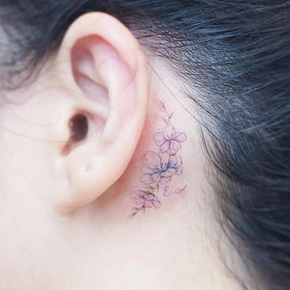 Behind the Ear Tattoo with Flowers
