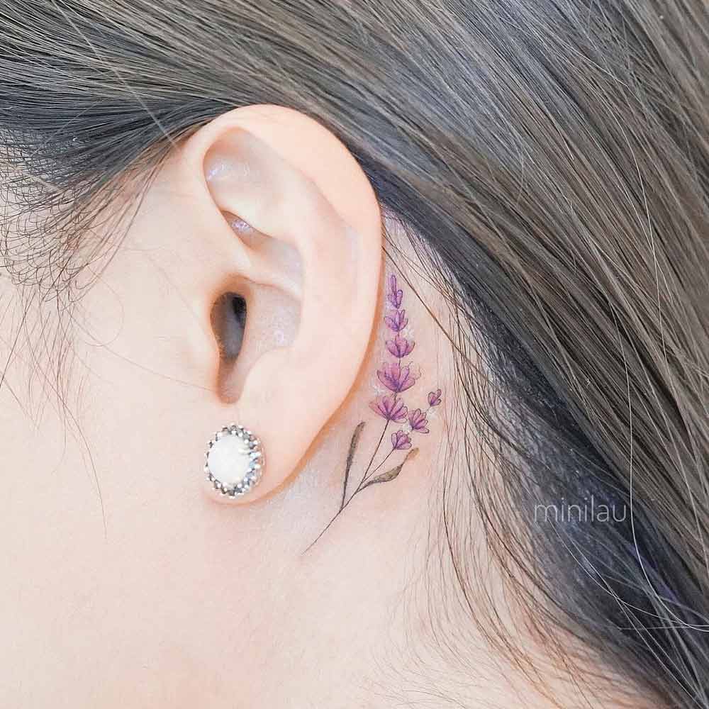 Lavender Tattoo Behind the Ear