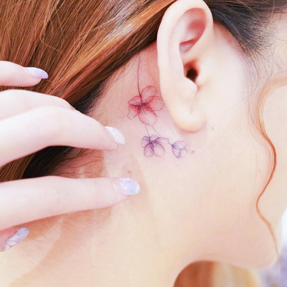 Watercolor Tattoo Behind the Ear