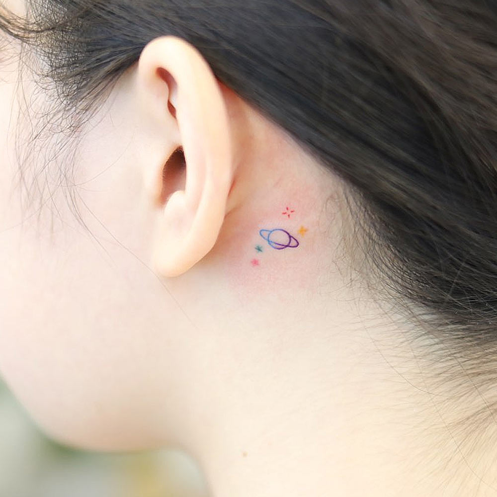Behind the Ear Tattoo with Planet and Stars