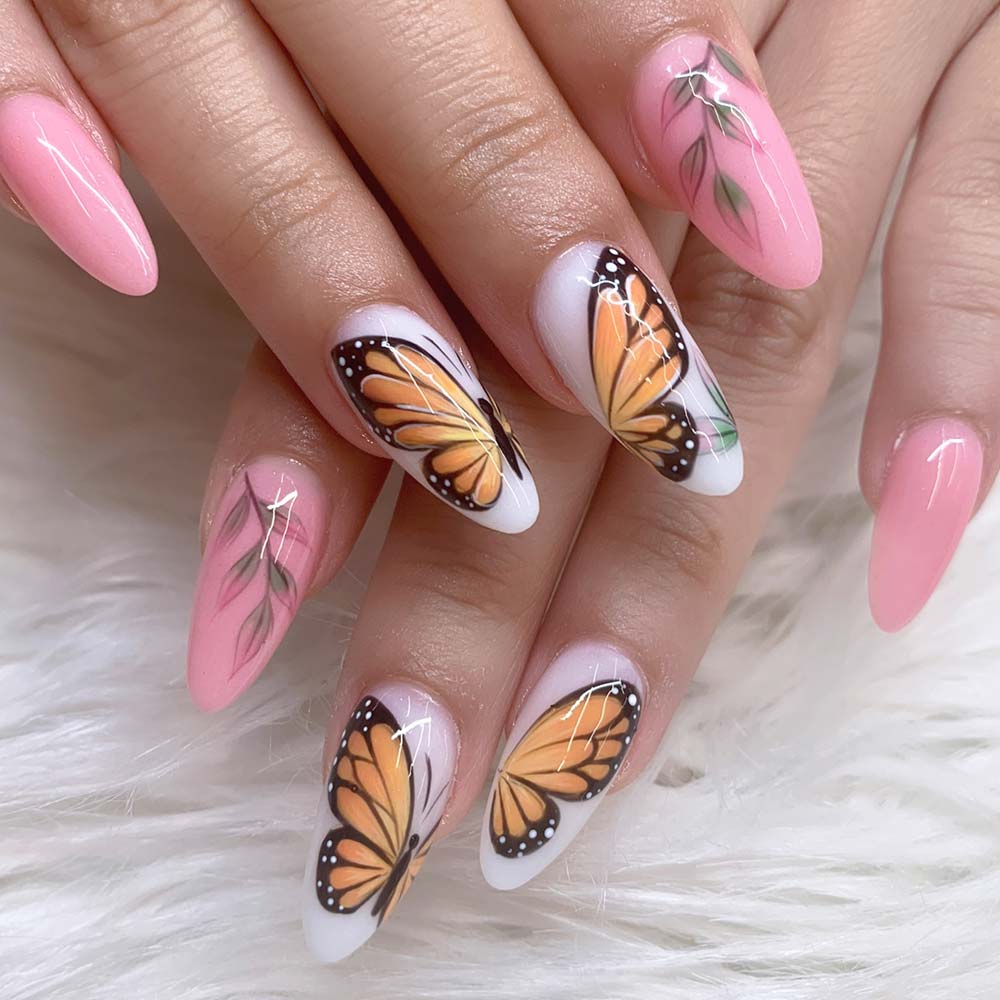 Pink Nails with Split-Butterfly Accented Nails