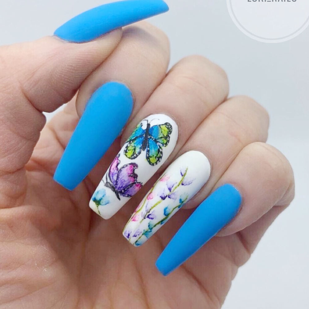Blue Matte Nails with Butterfly Accent Nails