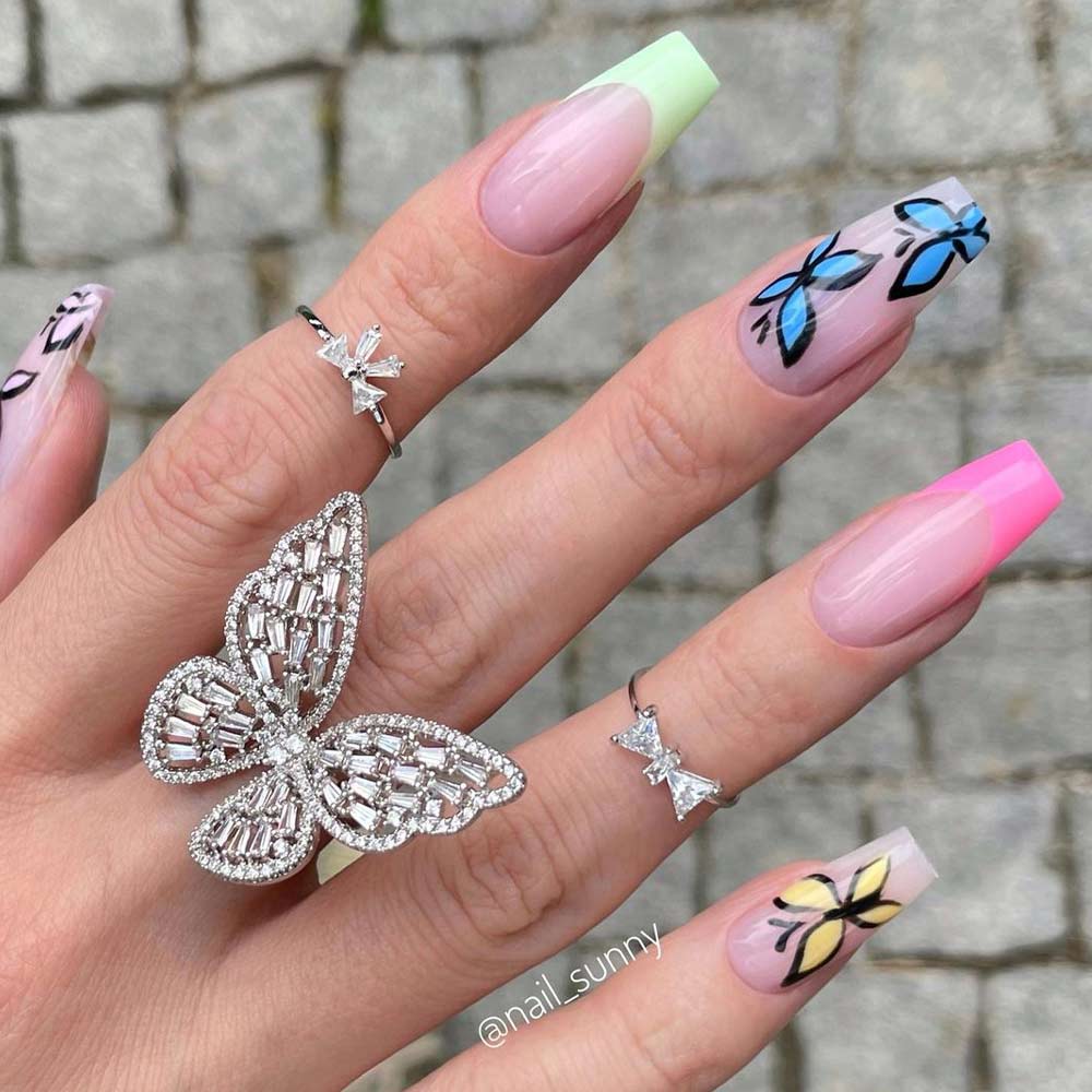 Colorful French with Butterfly Nails Design