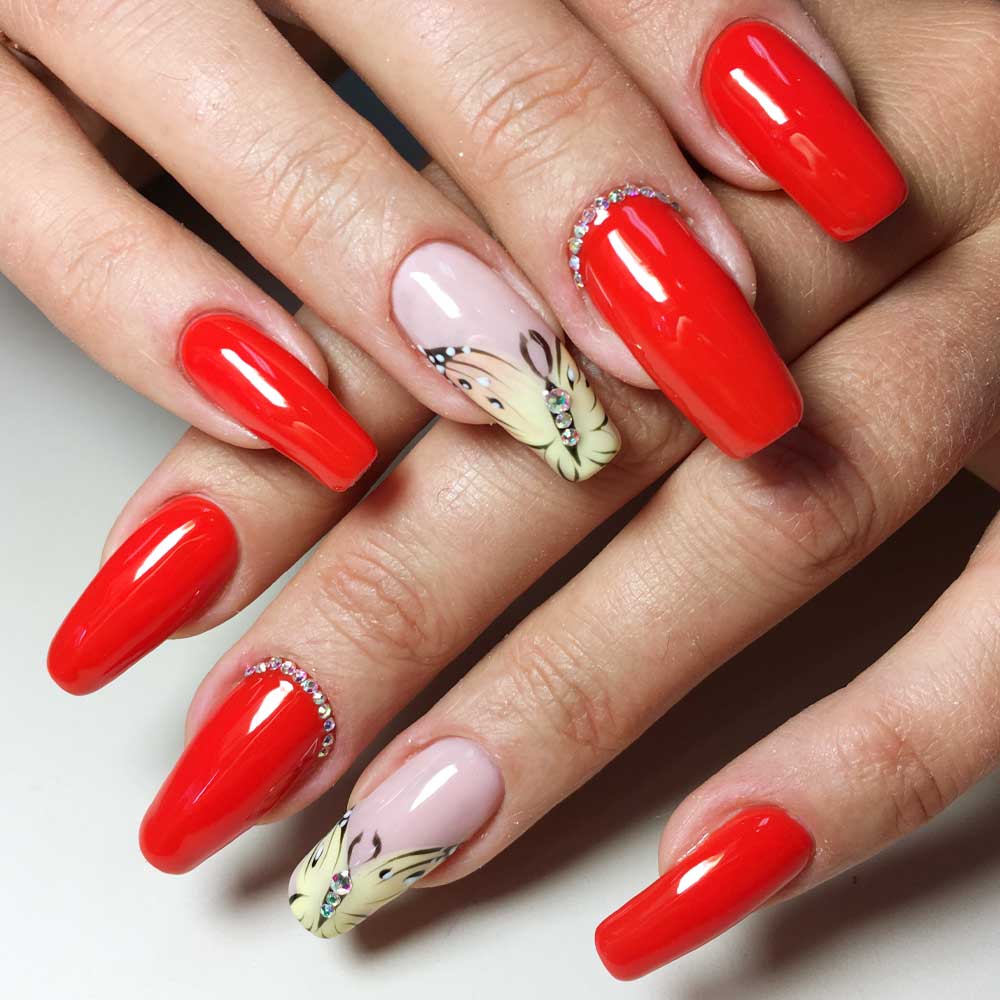 Red Nails with Butterfly Nails and Rhinestones
