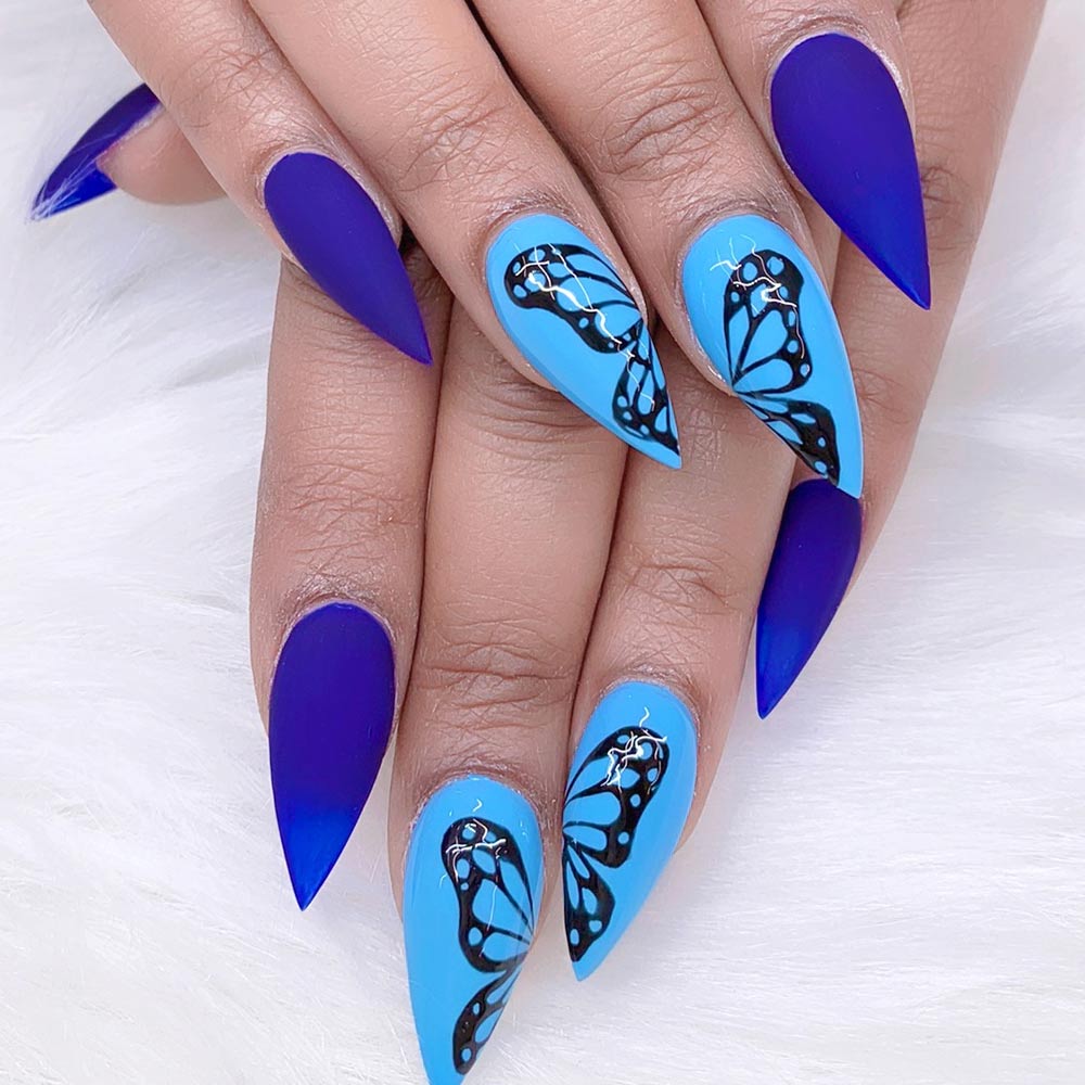 Stiletto Blue Nails with Butterflies