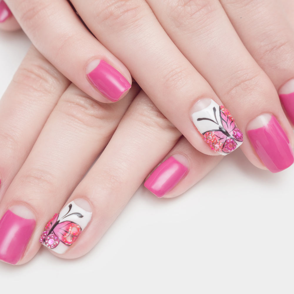 Pink Nails with Butterfly Nail Accent