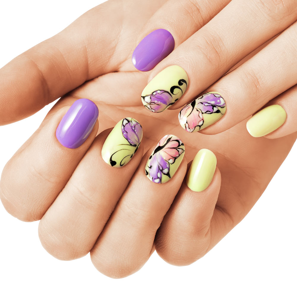 Purple and Yellow Butterfly Nails