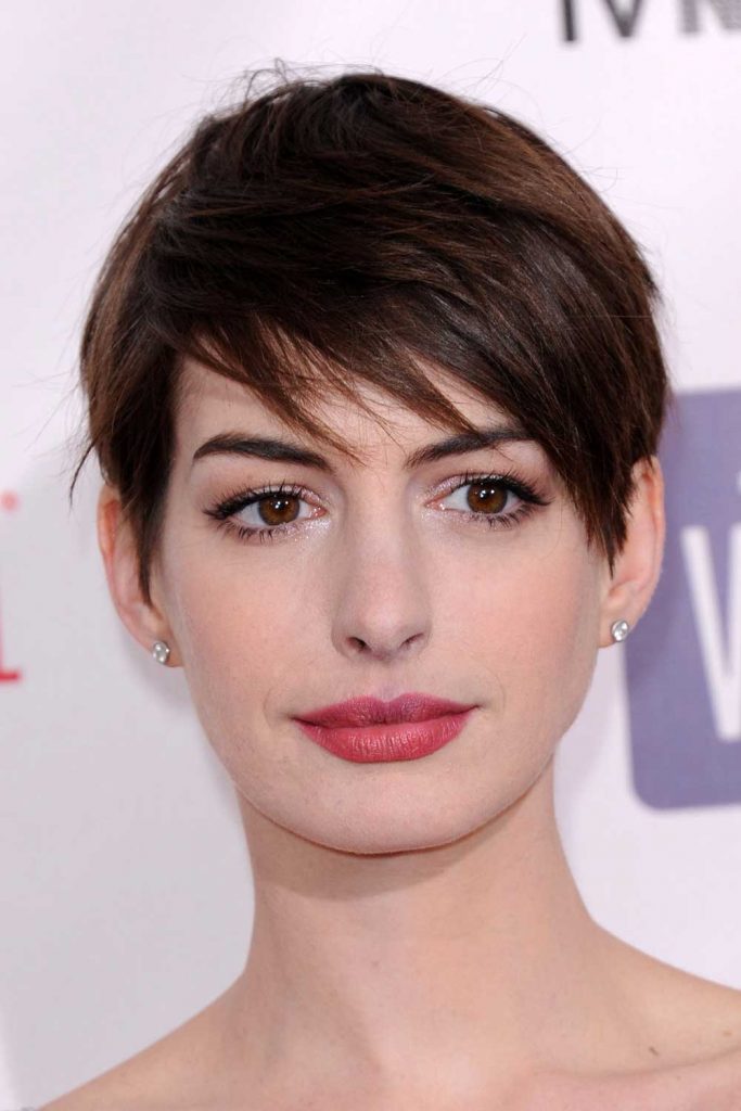 Anne Hathaway with Long Side Bangs Pixie Cut