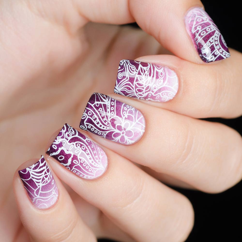 Purple Nails With Stamping Technique