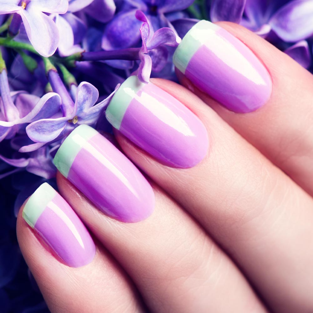 Pastel Purple Nails with Green French Tips
