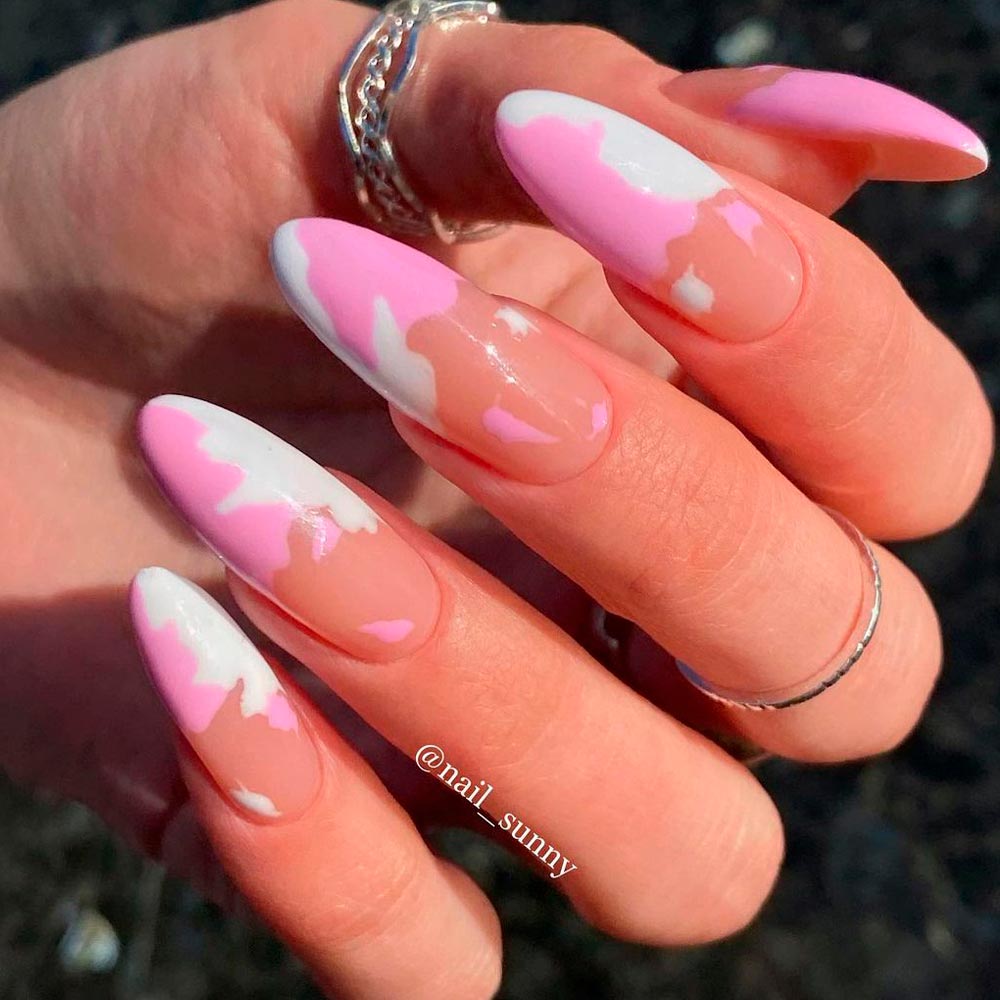 Rose Gold with Pink and White Long Almond Nails