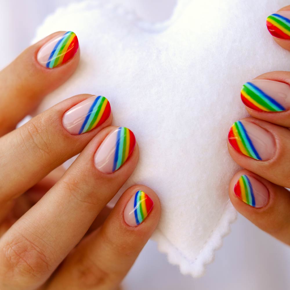 Short Oval Nails with Rainbow Tips