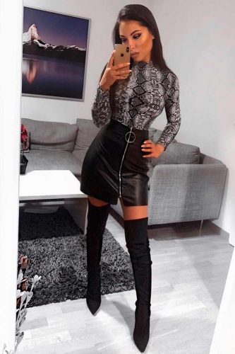 Black Leather Skirt With Zipper & Over The Knee Boots