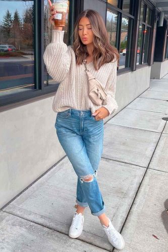 Oversized Neckline Sweater & Blue Ripped Jeans