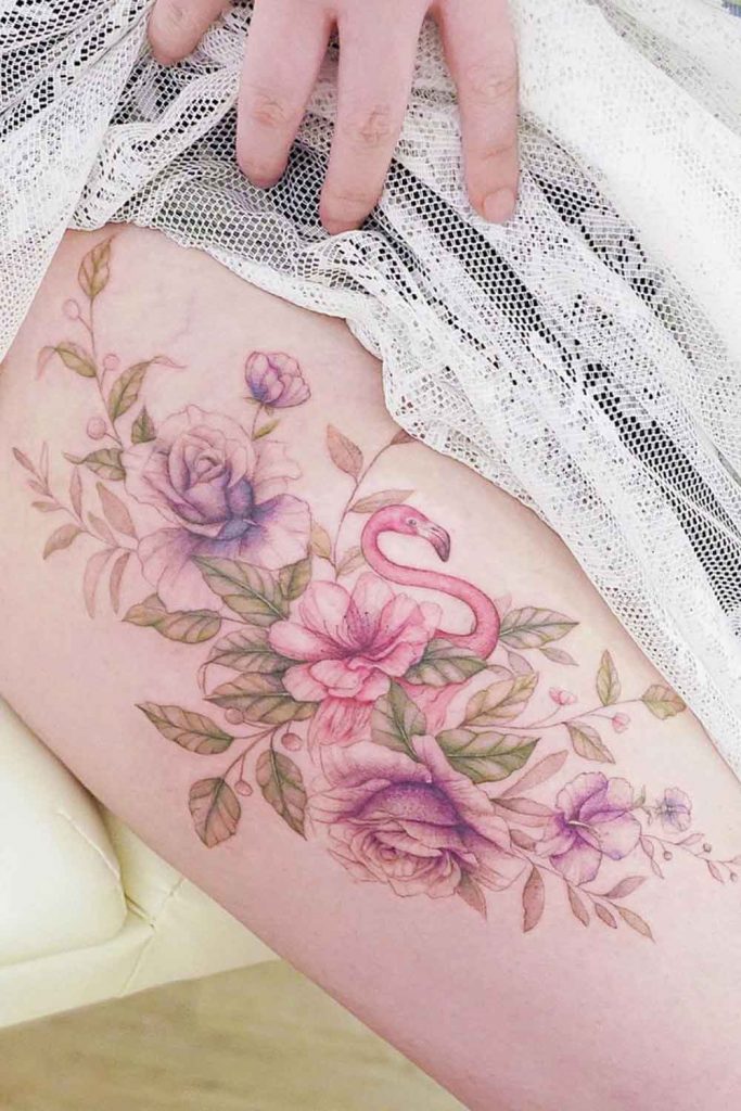 Flamingo with Flowers Leg Tattoo for Women