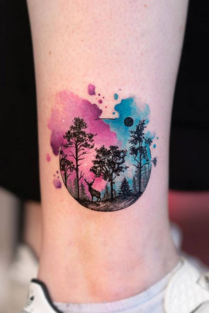 Watercolor Leg Tattoo with Forest