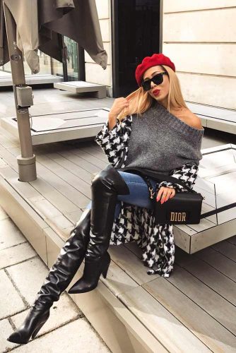 Cute One Shoulder Sweater And A Plaid Jacket
