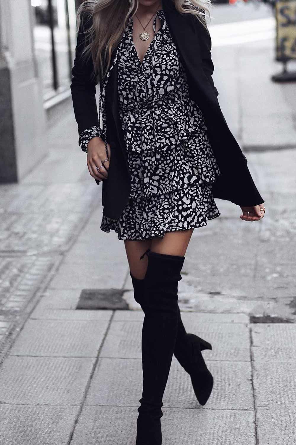 Black OTK Boots with Ruffled Dress and Blazer