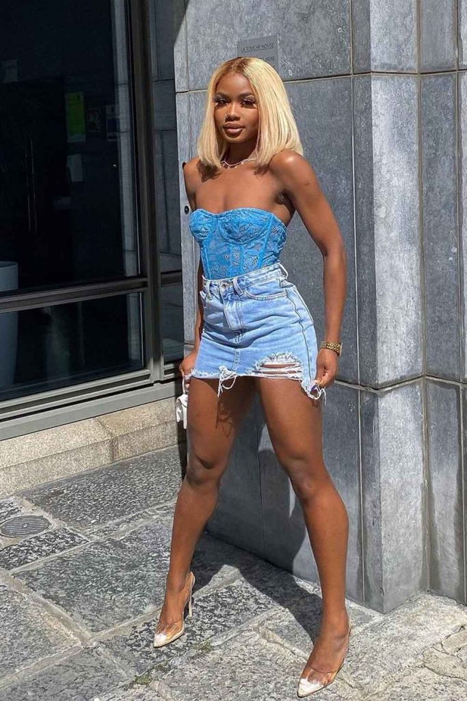 Denim Mini Skirt with Corset Top Club Outfits