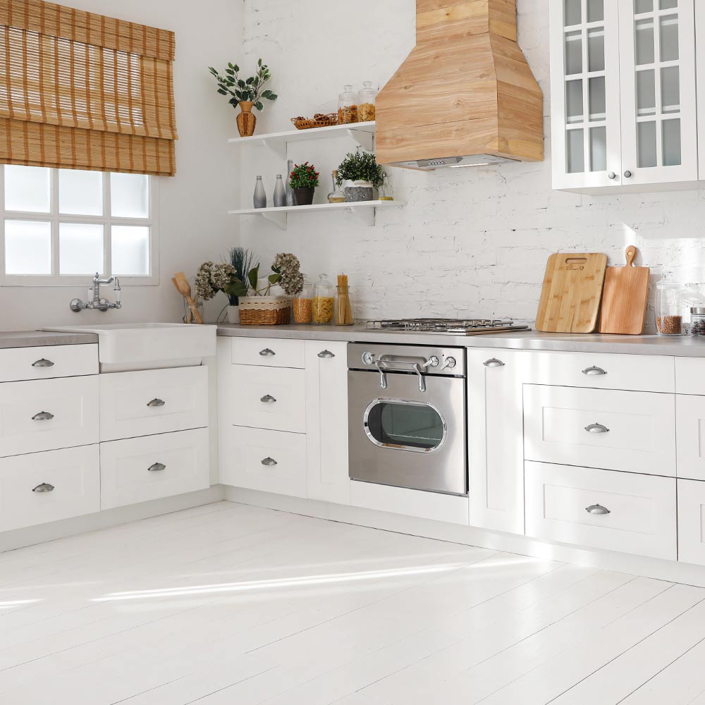 White Kitchen Design with Wooden Accent