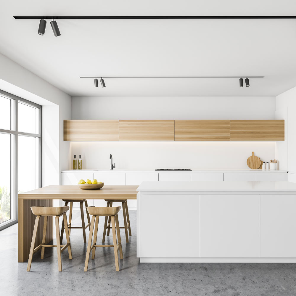 Modern White Kitchen Cabinet with Wooden Accent