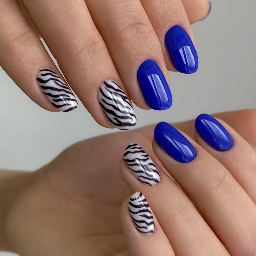 Blue Nails with Zebra Print