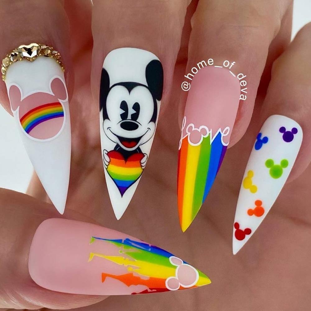 Rainbow Mickey and Minnie Mouse Nails