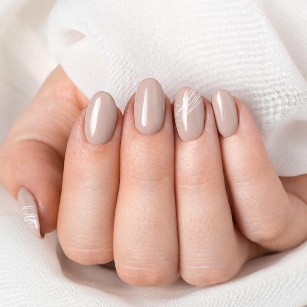 Simple Nude Nails with White Stripes Accent