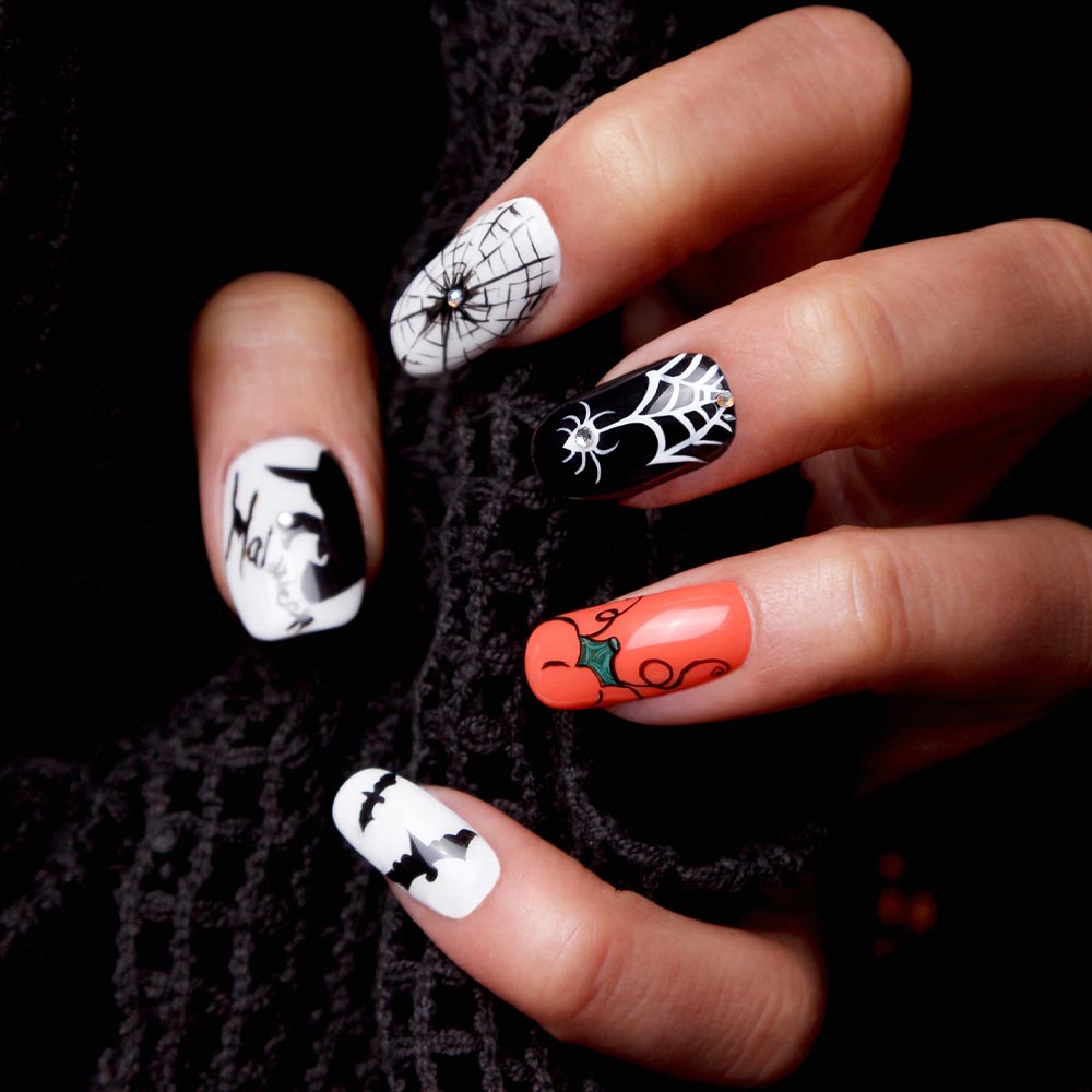 Black and White Halloween Nails with Accent