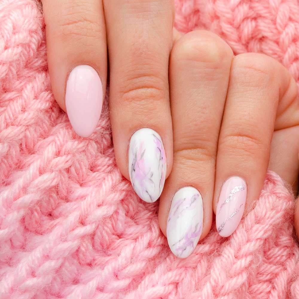 Soft Pink with White Marble Nails