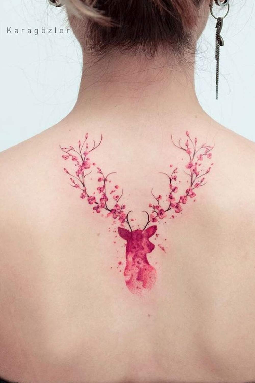 Deer Silhouette Tattoo with Cherry Blossom Flowers