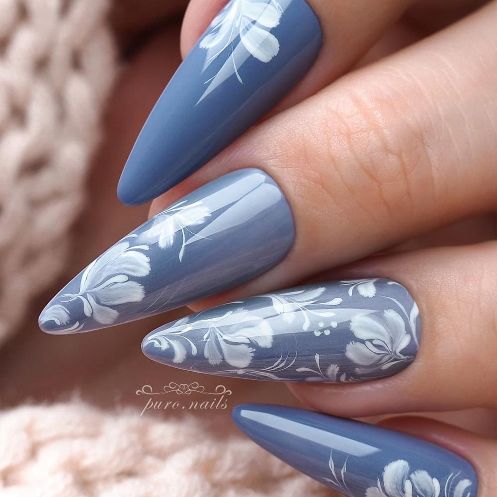 Dusty Blue Nails with Floral Pattern