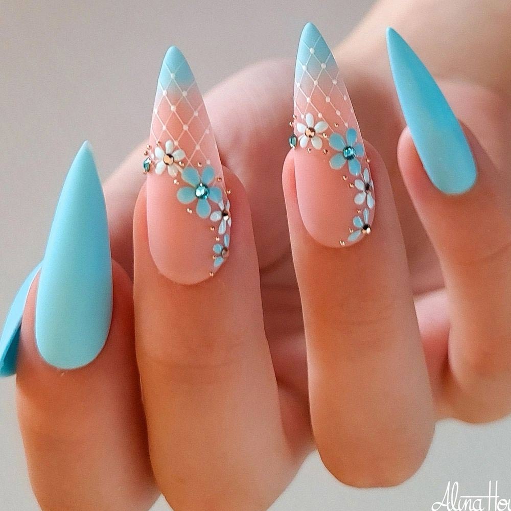 Blue Matte Nails with Flowers