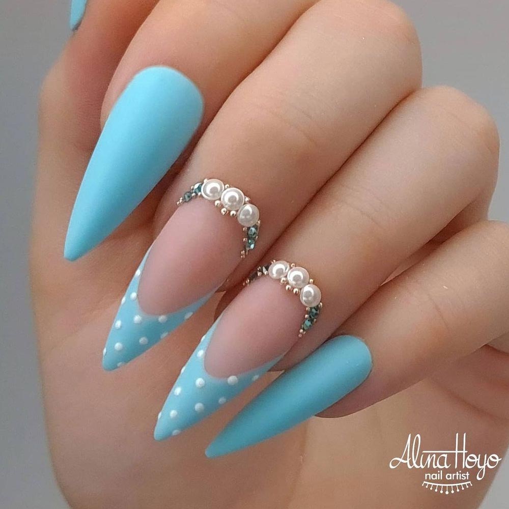 Blue Matte Nails with Polka Dots