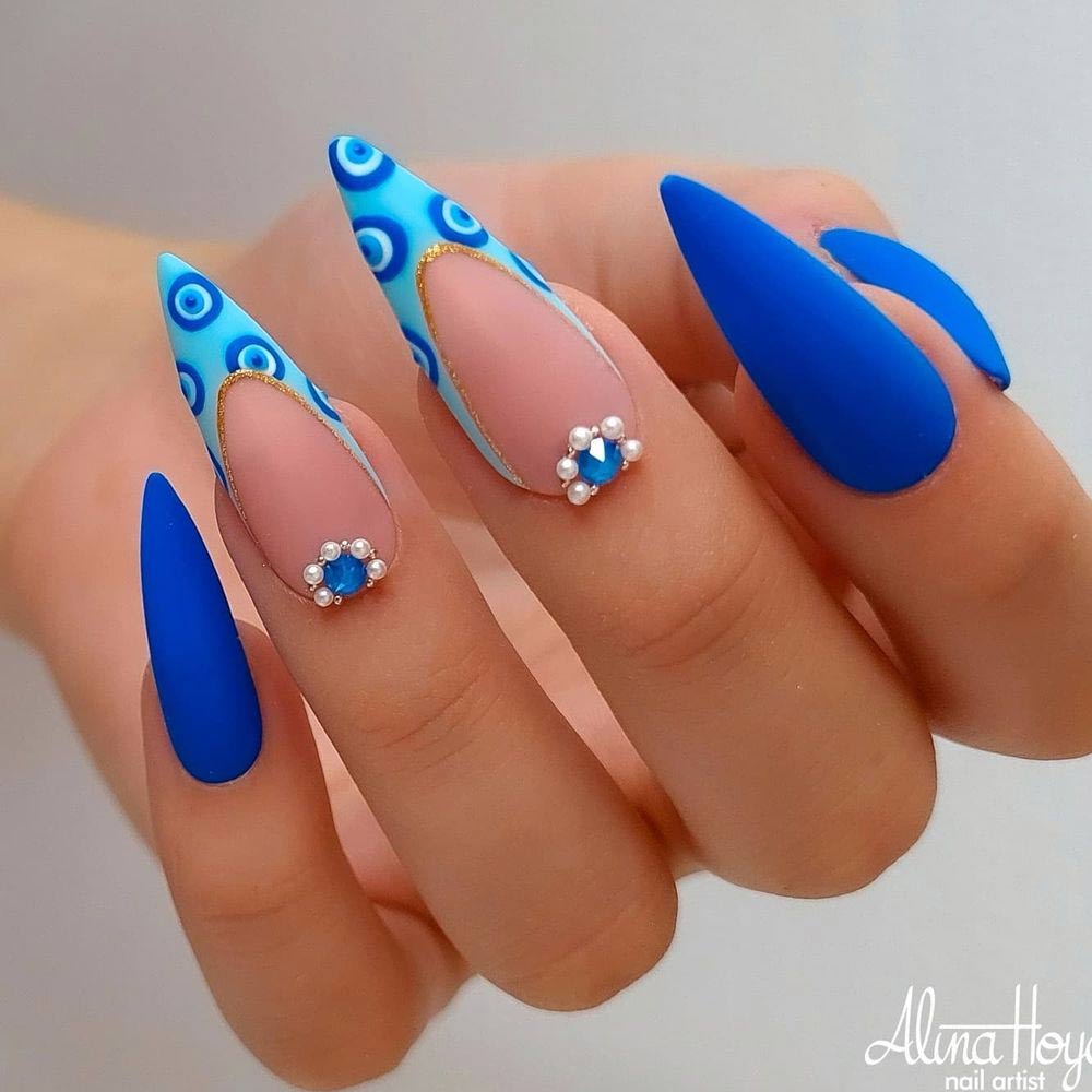 Blue Matte Nails with Rhinestones