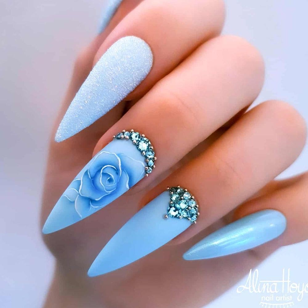 Blue Nails with Rose Art