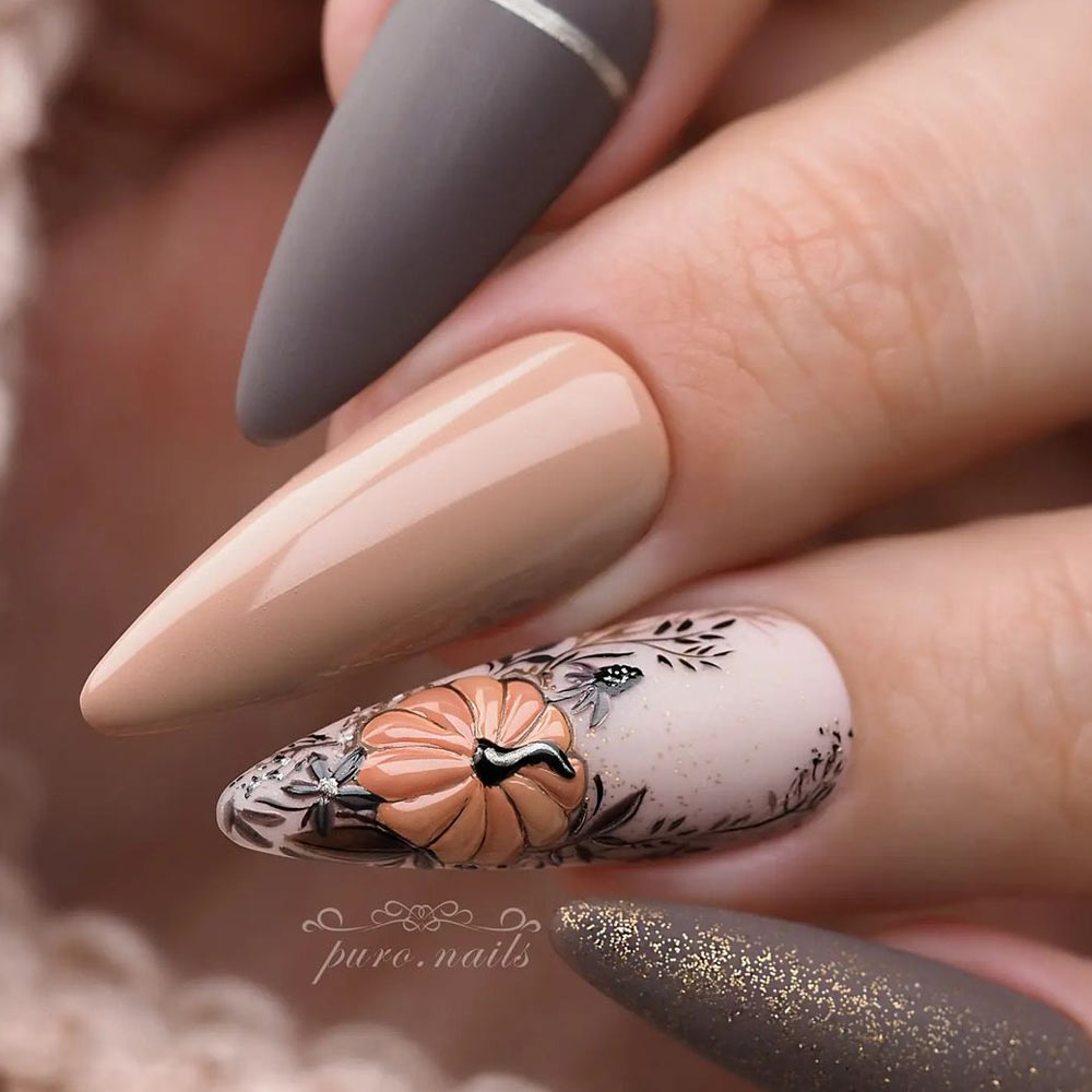 Fall Nails with Pumkin Art