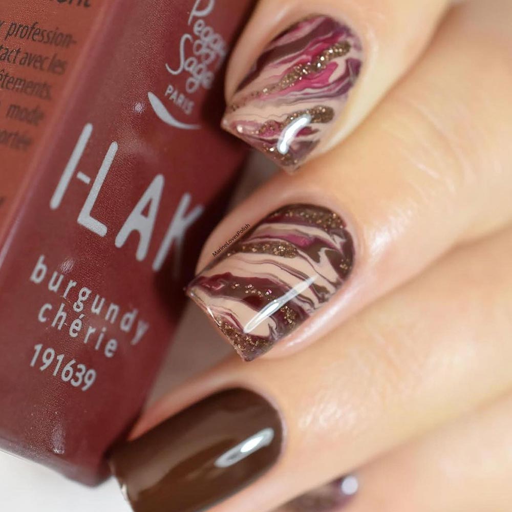 Water Marble Brown Nails with Glitter